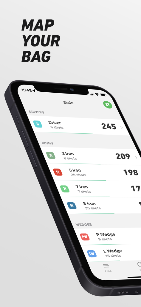 ShotVision app displaying golf club distance statistics for drivers irons and wedges