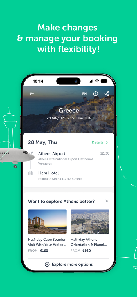 Interfaz de una aplicación móvil que muestra los detalles del traslado desde el aeropuerto de Atenas a un hotel y recomendaciones de tours locales.