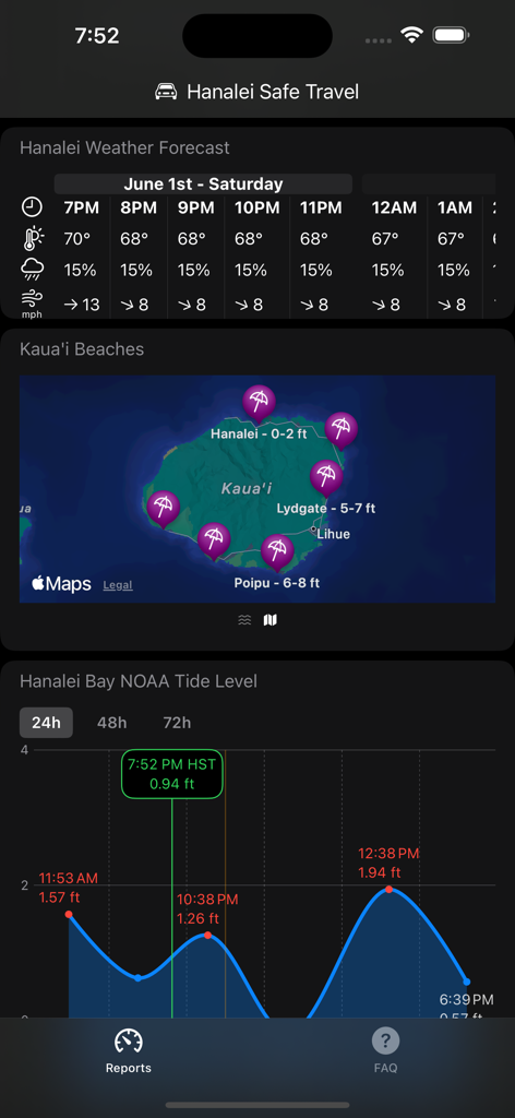 Screenshot of the Hanalei app displaying weather forecast Kauai beach surf conditions and tide level charts