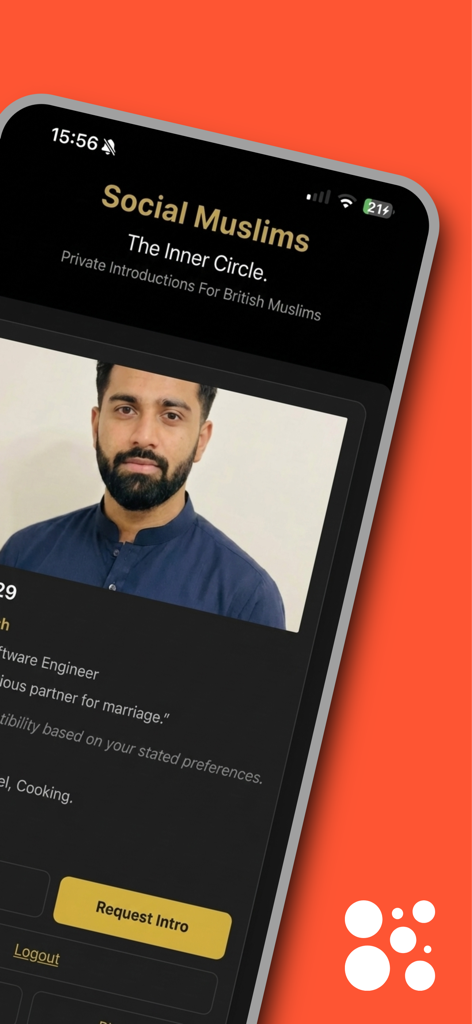 A vetted professional profile on the Social Muslims app with a Request Intro button