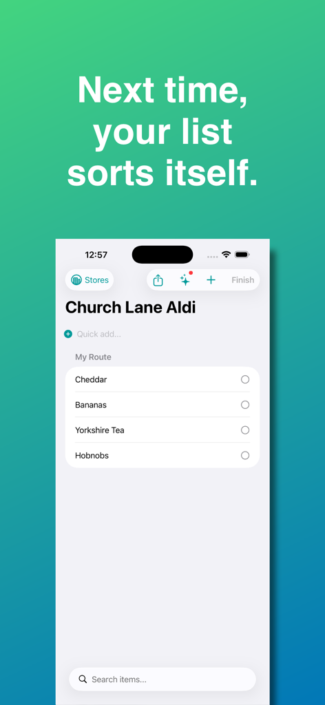 Grocery Flow - Grocery Flow mobile app interface displaying an automatically sorted grocery list for an Aldi store