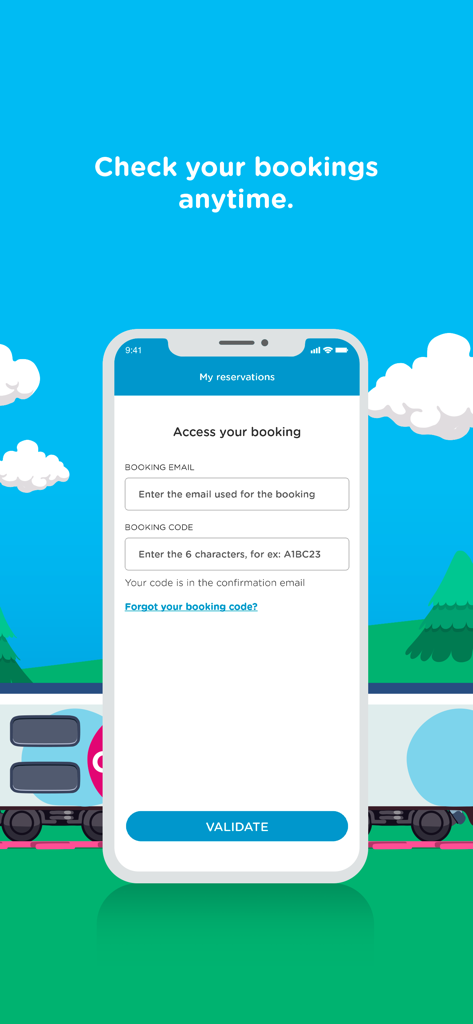OUIGO Spain app screen for accessing train reservations with email and booking code fields