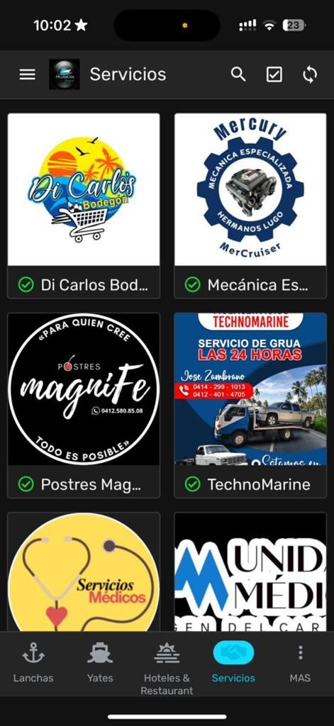 MIlanchaV - MIlanchaV app interface displaying available services including boat mechanics and catering
