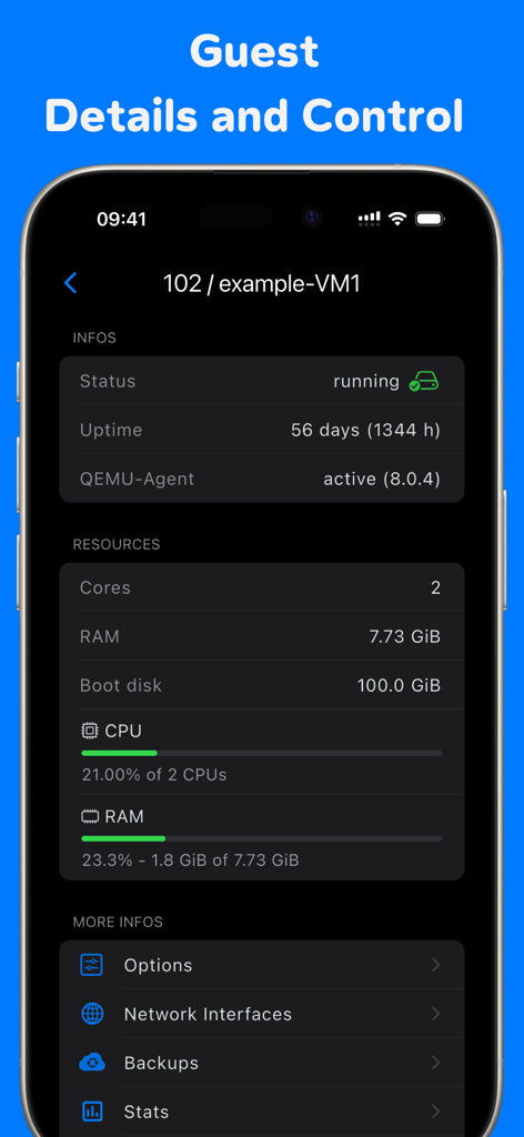 ProxMate Pro - ProxMate Pro app showing virtual machine status and resource utilization on iPhone