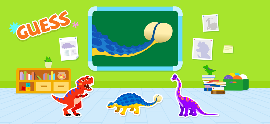 Pinkfong Dino World: Kids Game - Pantalla de un juego de adivinanzas de dinosaurios con un T-Rex, Ankylosaurus y Brachiosaurus en una sala de juegos.