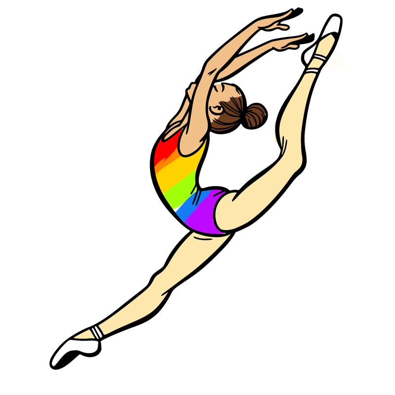gymnast doing a leap in a leotard with a bent back leg