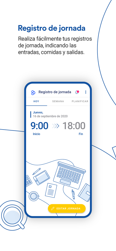Endalia - Endalia HRモバイルアプリの時間追跡画面。仕事の開始時間と終了時間が表示されています