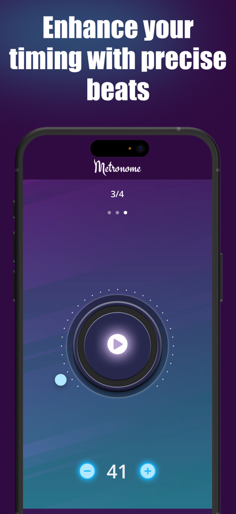 The metronome screen of the Bass Tuner app showing rhythm controls and BPM settings for musical practice.