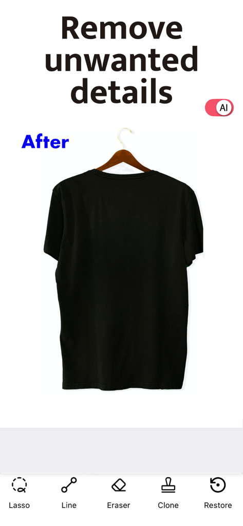 Un t-shirt noir sur un cintre en bois avec un fond uni après utilisation de l'outil de suppression d'objets Magic Eraser AI.