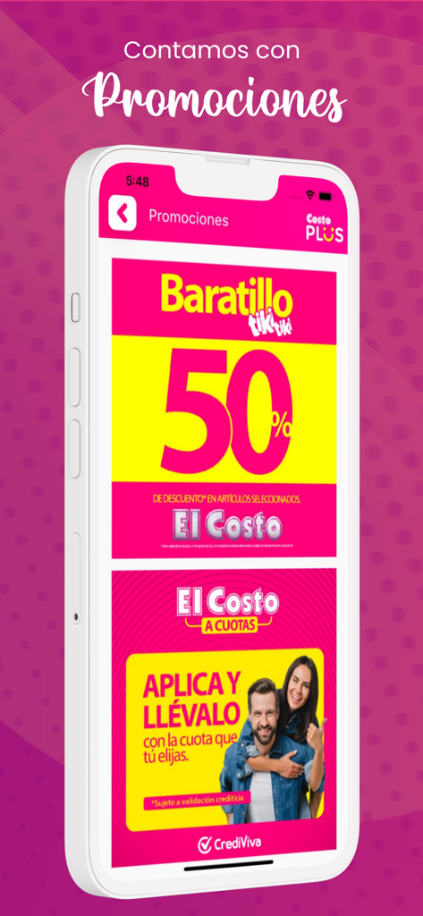 Costo Plus - Pantalla de la app móvil mostrando promociones minoristas, incluyendo una oferta de descuento del 50 por ciento y opciones de pago a plazos para Almacenes El Costo.