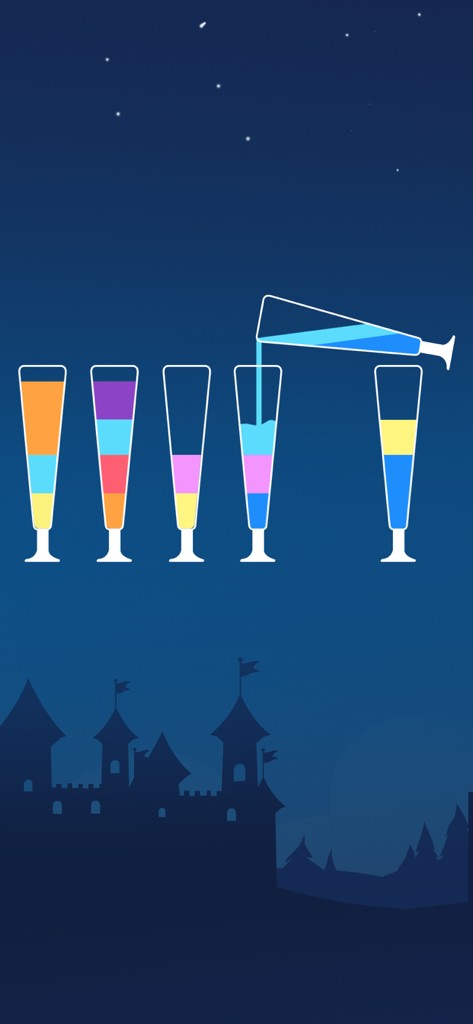 Water Sort Puzzle - 夜の城の背景で、Water Sort Puzzleゲームのガラスの間で着色された液体が注がれている様子