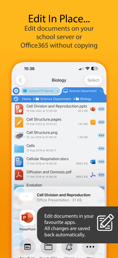 Interfaccia dell'app FileBrowser for Education che mostra la funzione di modifica in loco per i documenti su un server scolastico