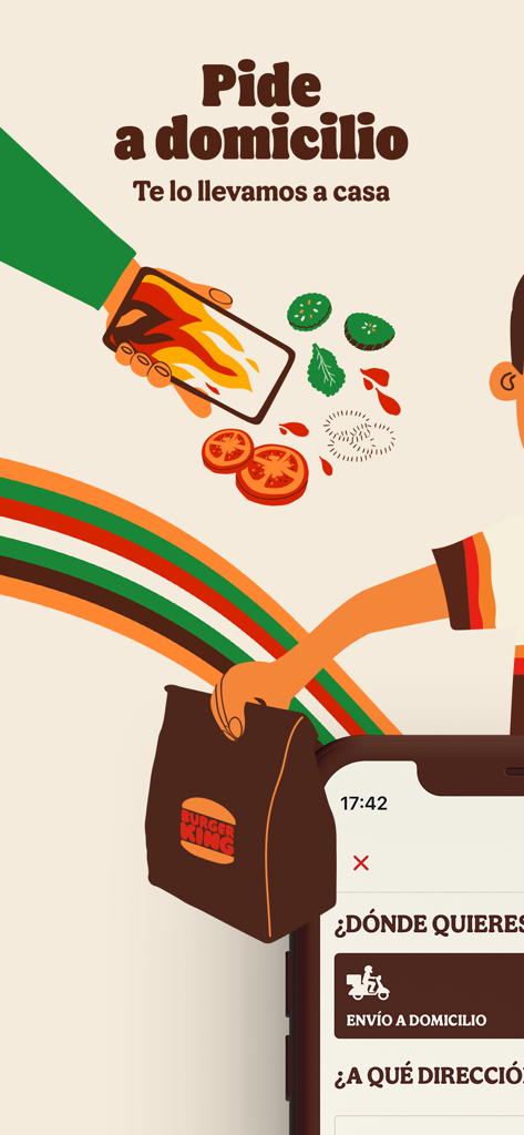 Illustration of a mobile phone ordering Burger King delivery with fresh ingredients and a delivery bag.