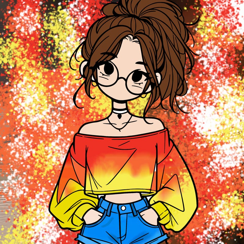 girl with a messy ponytail glasses a baggy crop top and jean shorts