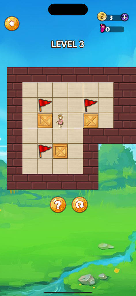 PushBox 3D Classic Puzzle Game - PushBox 3D gameplay screen showing a character in a grid with wooden crates and red target flags on level 3