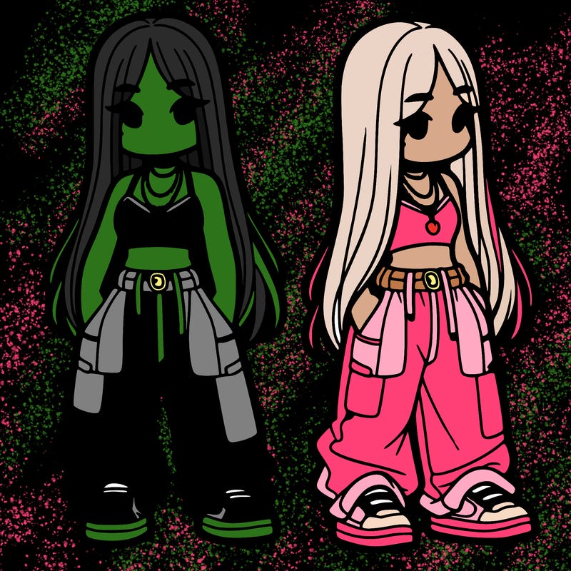 girl in baggy pants crop top and long hair