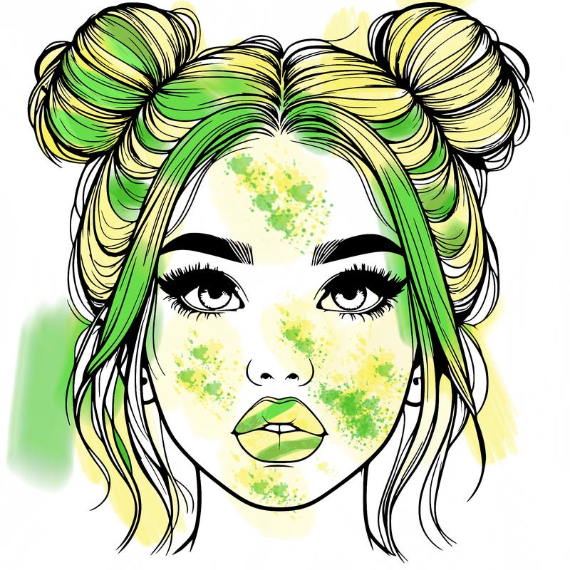 realistic girl with two buns on her hair and lips