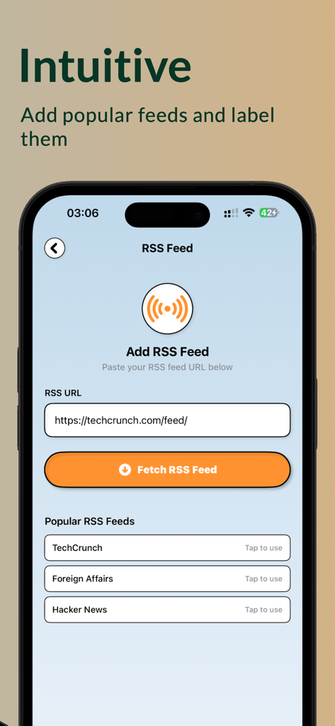 Briefly - RSS reader and news - Briefly app screen for adding RSS feeds by pasting a URL or selecting popular news sources.