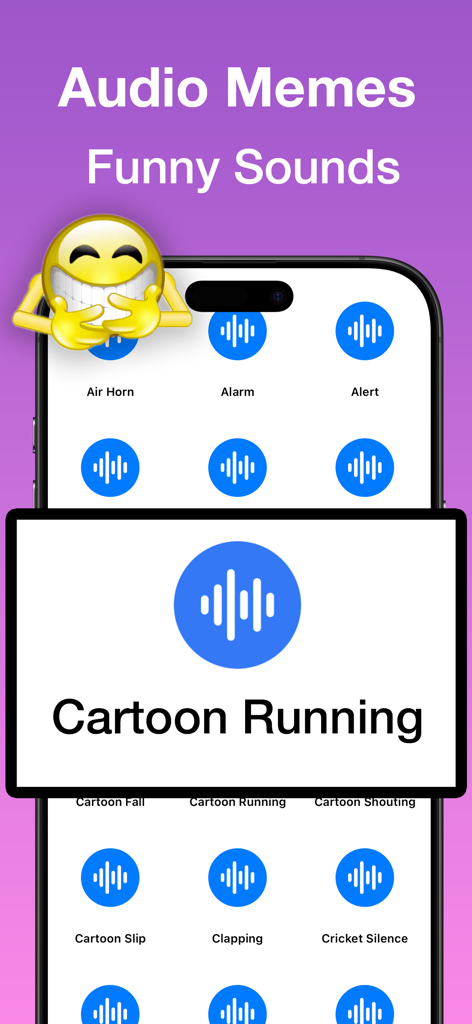 Screenshot of Talking Emojis app showing a list of audio memes and funny sounds including cartoon running and air horn