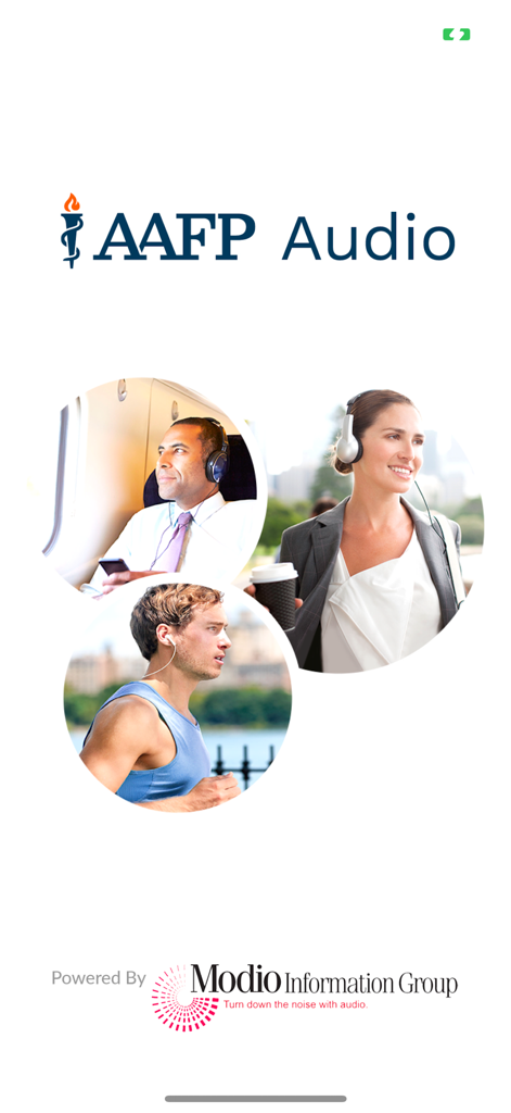 AAFP Audio - AAFP Audio app welcome screen showing people listening to medical content while multitasking