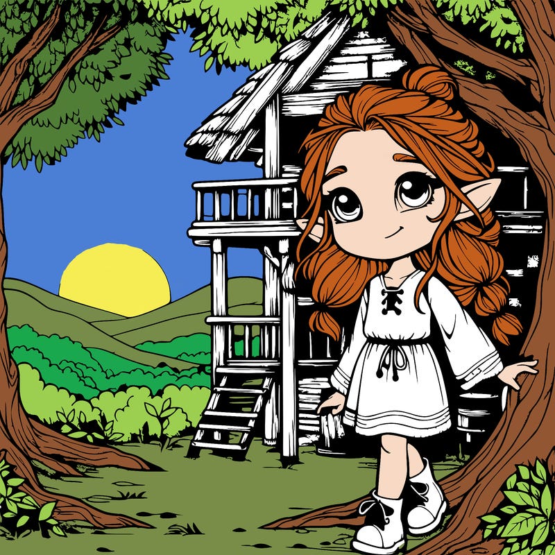 realistic elf girl in a treehouse at the sunset
