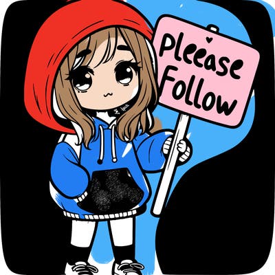 cute girl in a over sized hoodie holding a sign that says please follow