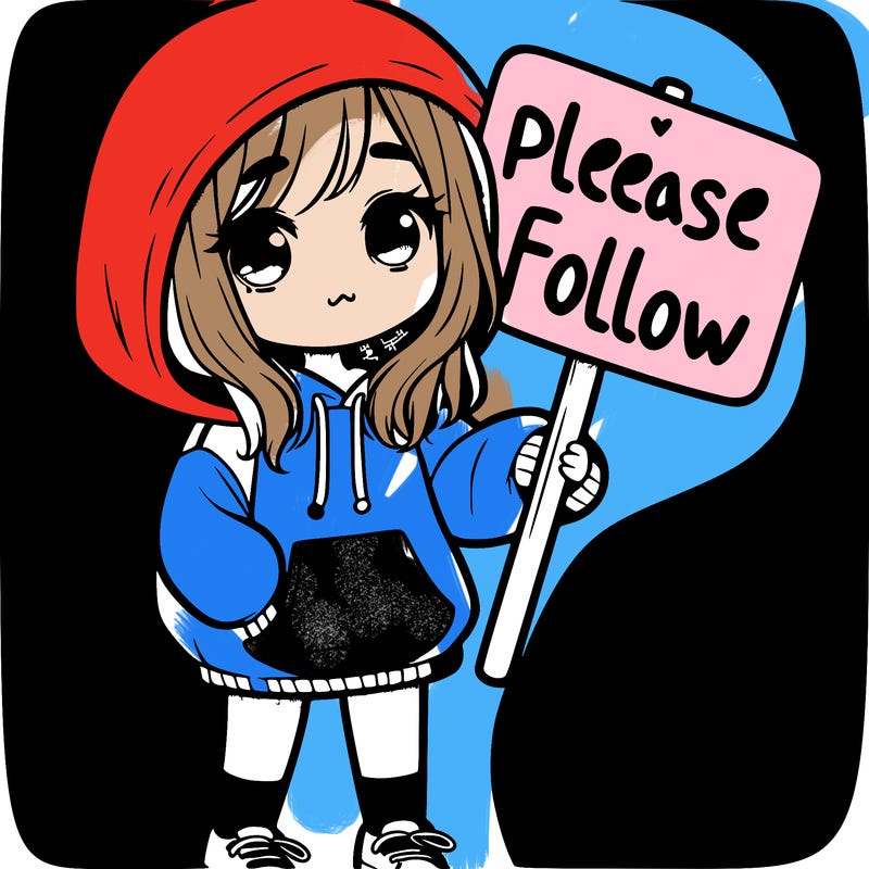 cute girl in a over sized hoodie holding a sign that says please follow