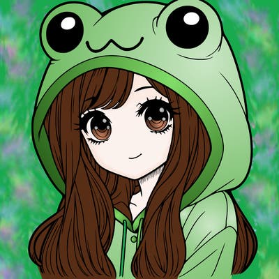 a pretty girl wearing a frog hoodie portrait with long hair