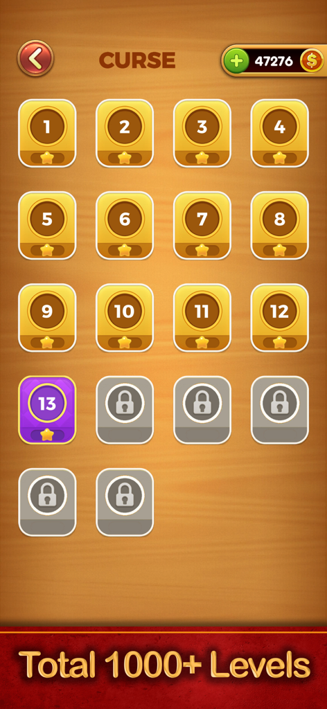 Pantalla de selección de niveles de Word Connect que muestra niveles completados y desafíos bloqueados con más de 1000 niveles disponibles.