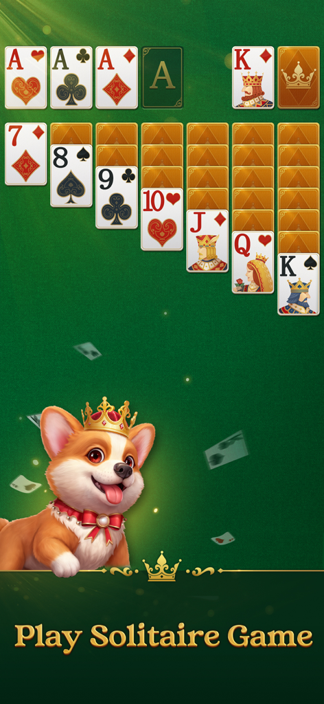 Classic Solitaire card game interface featuring large fonts and a cute royal corgi pet.