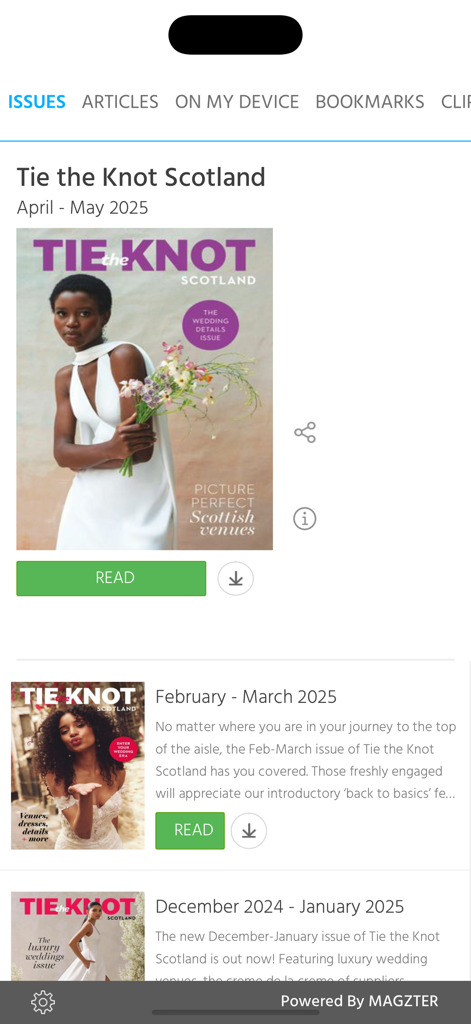 Tie the Knot Scotland - Digital magazine library in the Tie the Knot Scotland app showing several wedding planning issues.