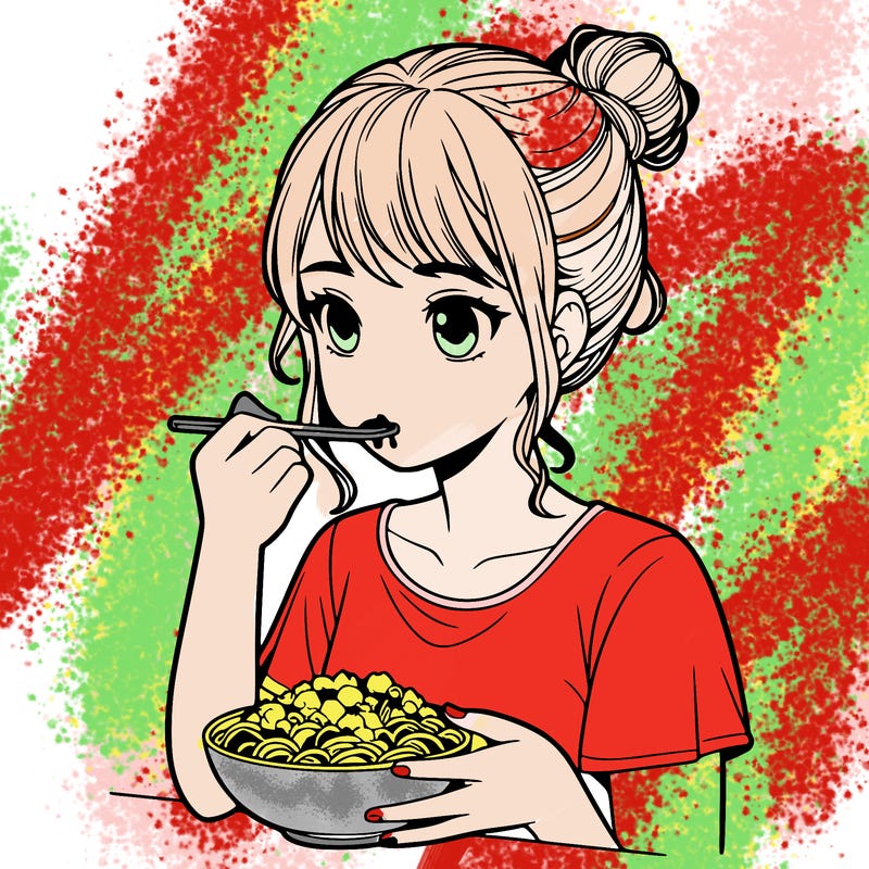 a realistic girl, eating food