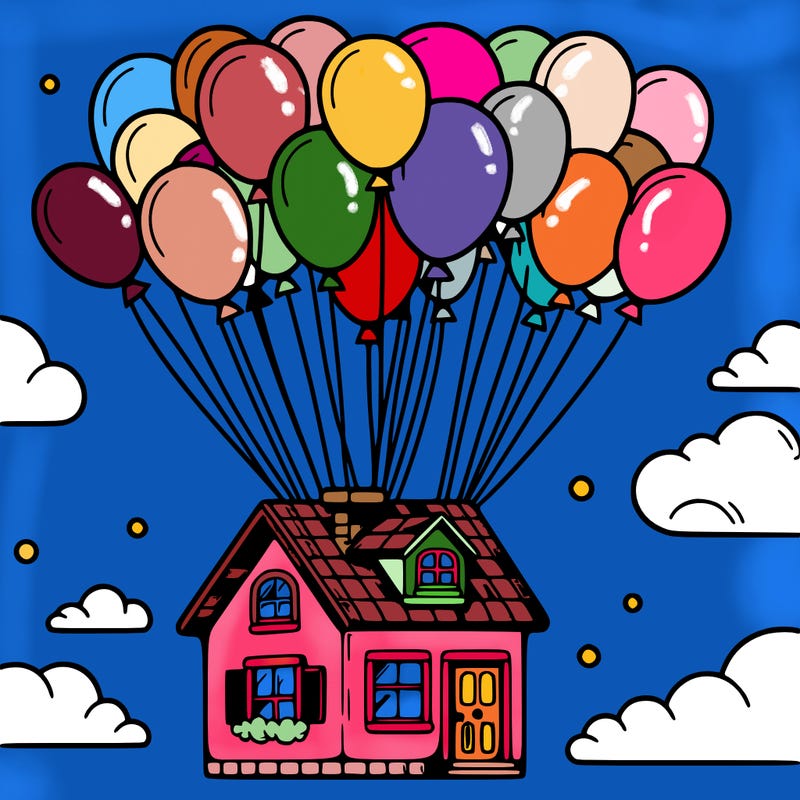 house floating from lots of balloons