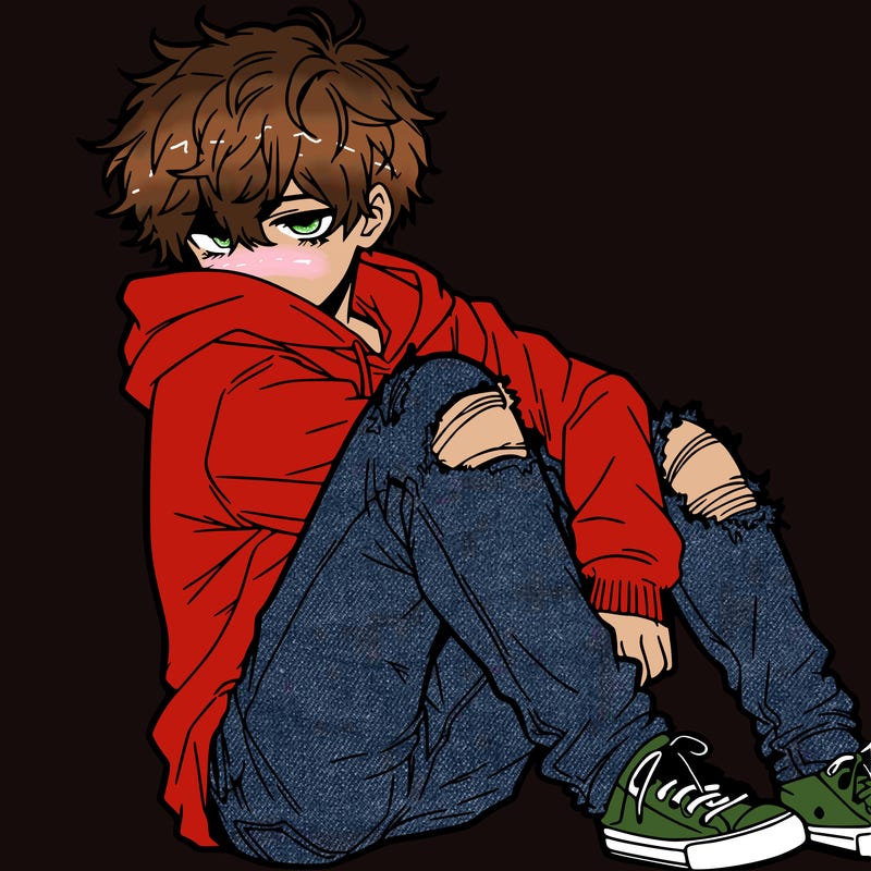 a male hoddie ripped jeans messy hair anime