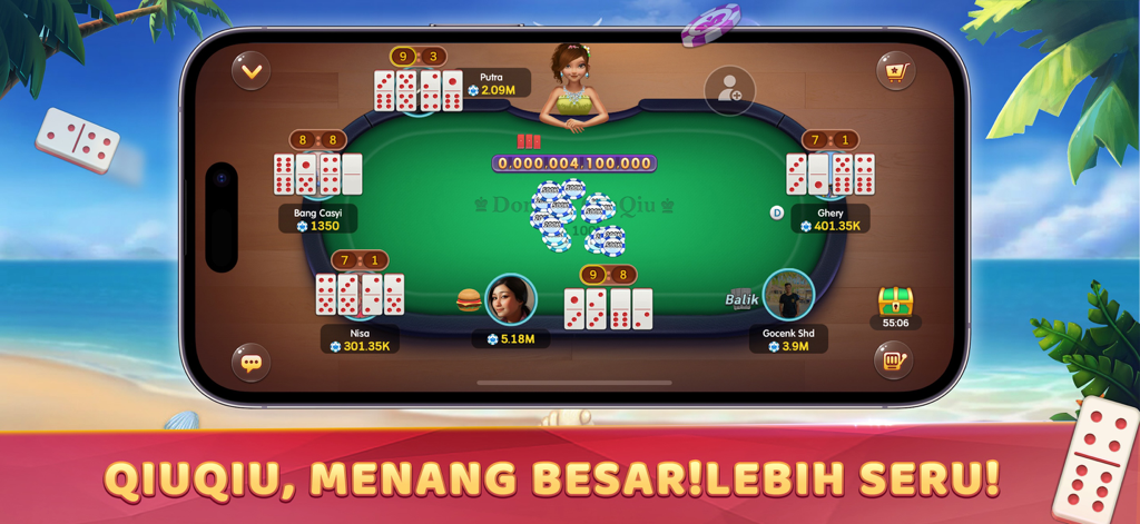 Domino QiuQiu 99: Gaple Online - Pantalla de smartphone mostrando una ronda multijugador del juego de dominó indonesio QiuQiu en una mesa virtual.