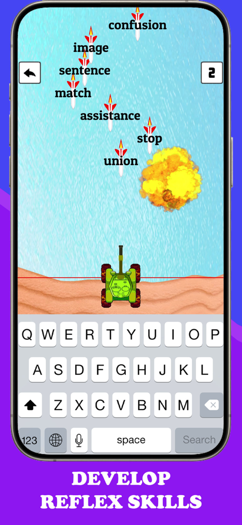 Type Blast: Fast Typer Club - Mobile typing game interface showing a tank blasting words to develop reflex skills