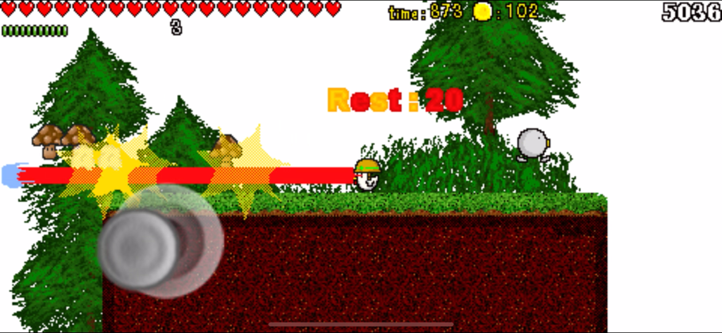 A cute bird character in a helmet firing a powerful red laser beam in a retro forest level.