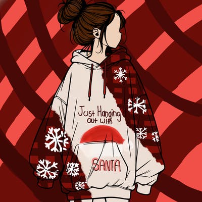 realistic girl with a oversized sweatshirt on and a bun