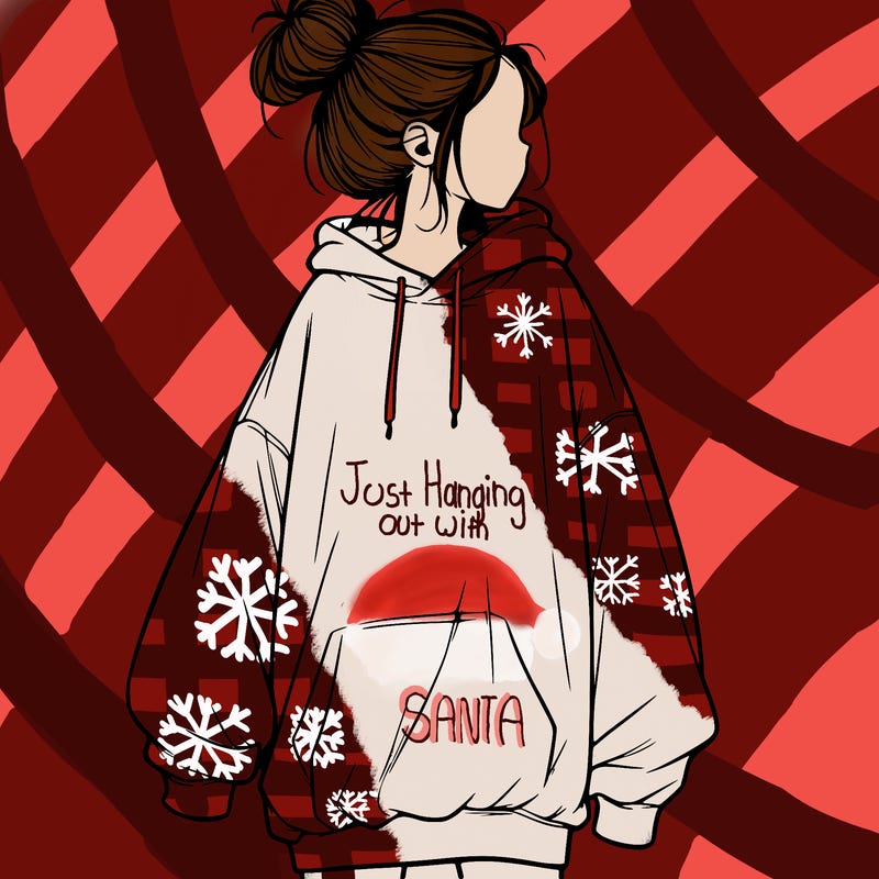 realistic girl with a oversized sweatshirt on and a bun