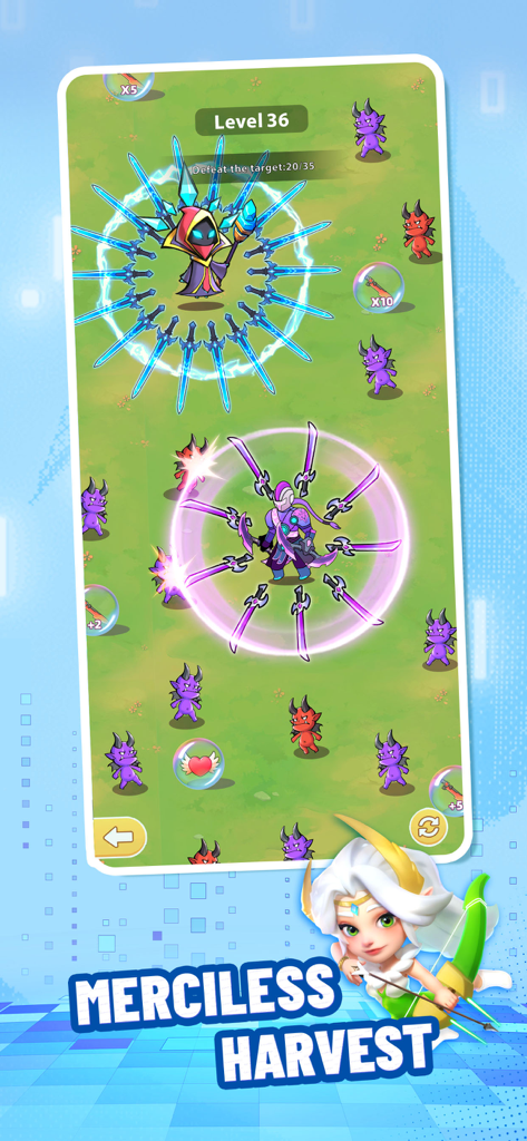 Action-packed survival minigame in Titan War featuring heroes with spinning sword attacks.