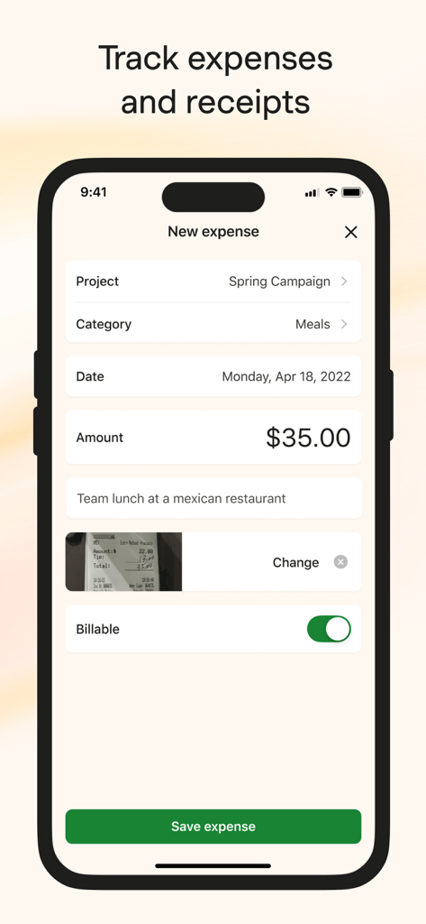 Harvest: Track Time & Invoice - Harvest-App-Oberfläche, die eine neue Spesenbuchung für ein Teamessen mit Upload eines Belegfotos und einer Option zur Abrechnung anzeigt.