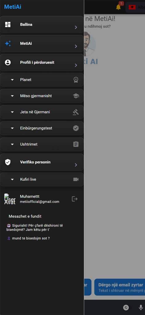 MetiAi - MetiAi mobile app sidebar menu featuring German language courses and user profile options.