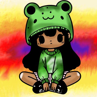 a girl wearing a frog hat and some frog socks