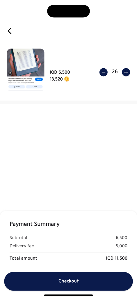 Raz: Books & Gift - Una pantalla de pago de aplicación móvil para Raz Libros y Regalos que muestra un resumen de pago con subtotal y tarifa de entrega.