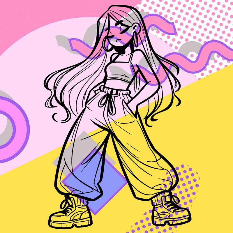 girl in baggy pants crop top and long hair