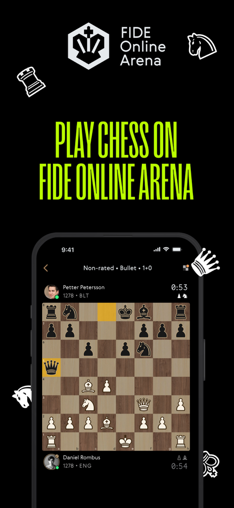 World Chess: Learn and Play - Official World Chess app interface showing a live match on FIDE Online Arena