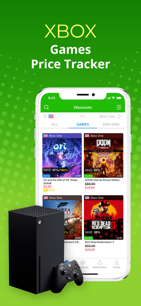 XB Deals - Interfaz de la aplicación XB Deals mostrando descuentos de juegos junto a una consola Xbox Series X