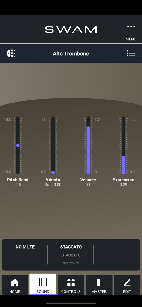 Interface of the SWAM Alto Trombone app showing performance sliders for pitch bend, vibrato, velocity, and expression.