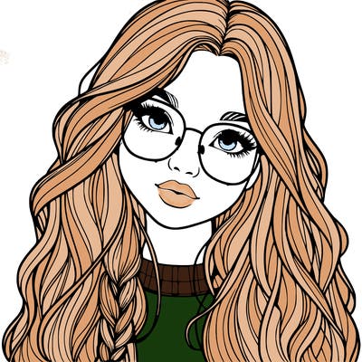 girl with long hair and freckles and glasses realistic