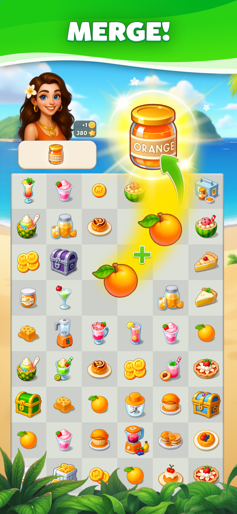 Merge Travel: Build Dream Town - Gameplay of Merge Travel showing two oranges merging into a jar of jam